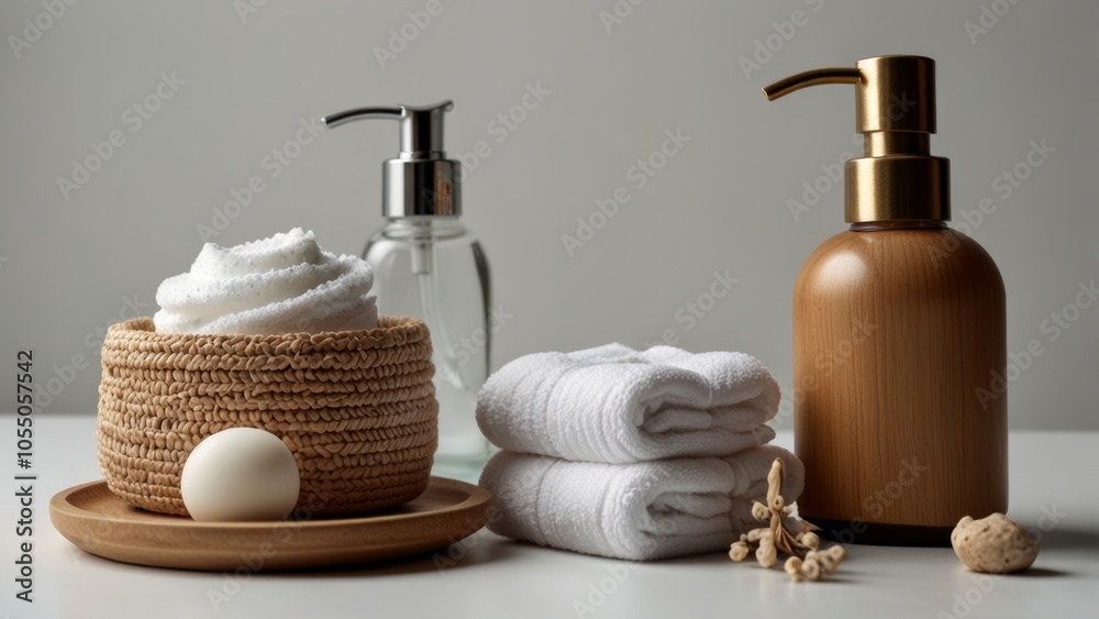 Image showing an array of luxurious cosmetics used for spa treatments. Elegantly arranged products include creams, oils and masks set against a tranquil background Image showing an array of luxurious cosmetics used for spa treatments. Elegantly arranged products include creams, oils and masks set against a tranquil background