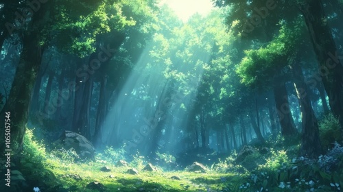 A serene forest scene with sunlight peeking through the trees, leaving a clear, bright area for text in the foreground.