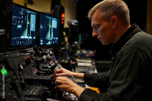 Operator work with professional camera equipment in studio 