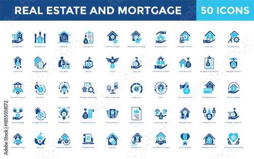Real estate and mortgage icon set with home buying, property search, house hunting, real estate investment, open house, listing agent, closing process, home inspection icon. Simple flat vector 
