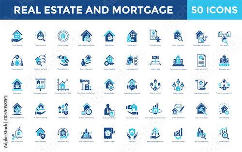Real estate and mortgage icon set with mortgage loan, mortgage rates, refinance, loan approval, fixed rate mortgage, adjustable rate mortgage, mortgage broker icon. Simple flat vector 
