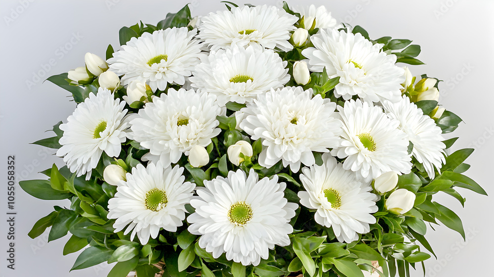 Fototapeta premium A bouquet of white daisies with green leaves against a white background.