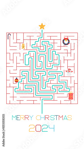 Merry Christmas greeting card design with Labyrinth in the shape of a Christmas tree.