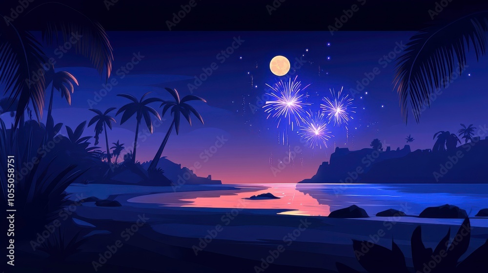 Serene beach scene with fireworks and moonlight. Serene beach scene with fireworks and moonlight.