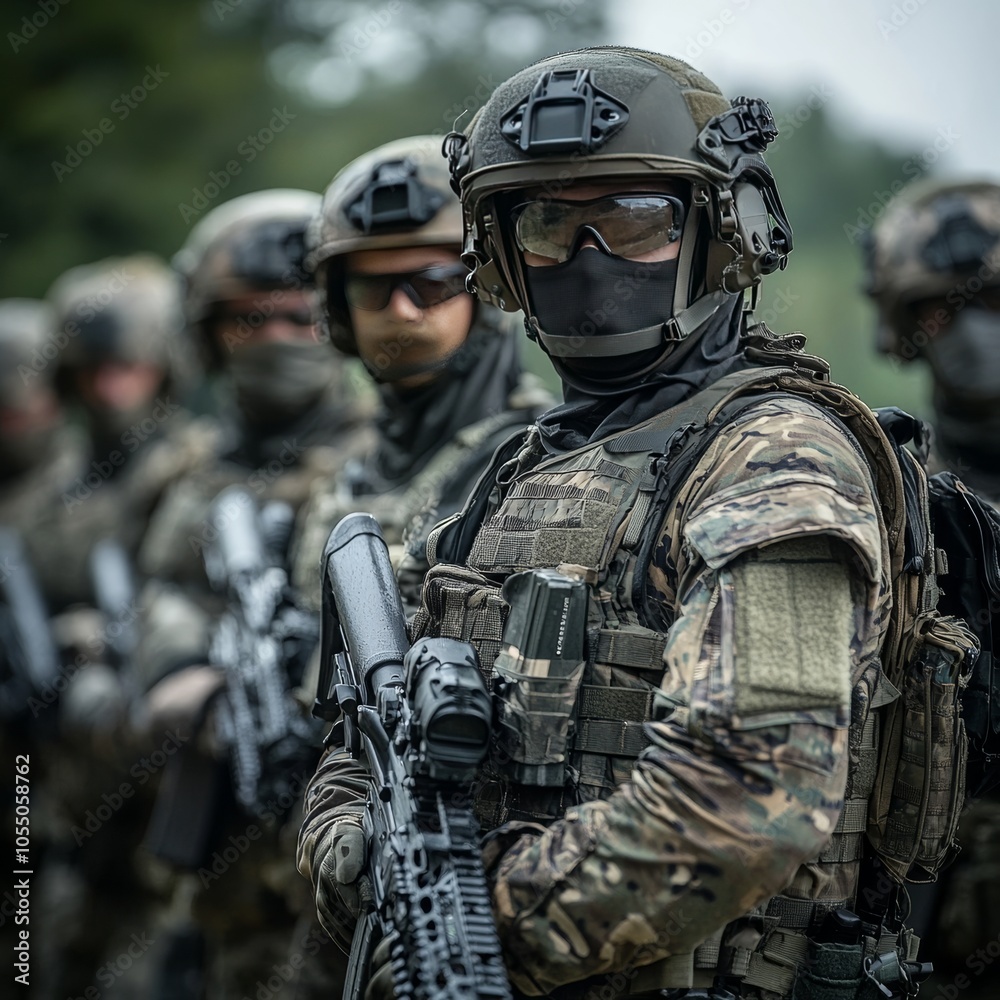 Armed soldiers in uniform stand outdoors. Armed soldiers in uniform stand outdoors.