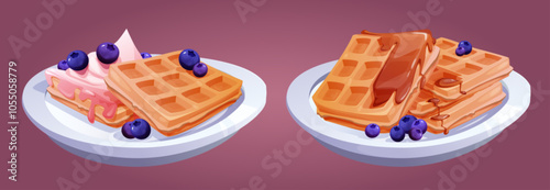 Belgian waffles served on ceramic plates. Golden crispy squares topped with fresh blueberries, caramel syrup drizzle and ice cream. Cartoon breakfast bakery with generous toppings and berries.