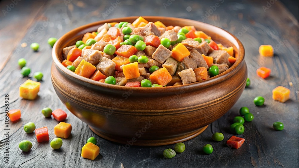A rustic bowl brimming with a hearty stew of cubed meat, vibrant green peas, and diced sweet potatoes, creating a colorful and satisfying meal. A rustic bowl brimming with a hearty stew of cubed meat, vibrant green peas, and diced sweet potatoes, creating a colorful and satisfying meal.