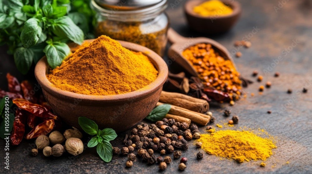 Fresh Spices and Ingredients on Rustic Kitchen Counter Fresh Spices and Ingredients on Rustic Kitchen Counter