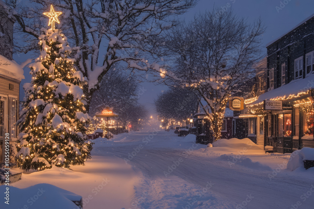 Naklejka premium Small town Christmas card Main Street midwestern all-American town quaint snowy winter hometown with cars big illuminated Christmas tree