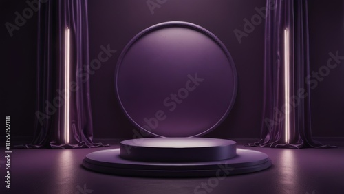 Large smooth two-tier purple pedestal with backlight for advertising goods. 3D platform 