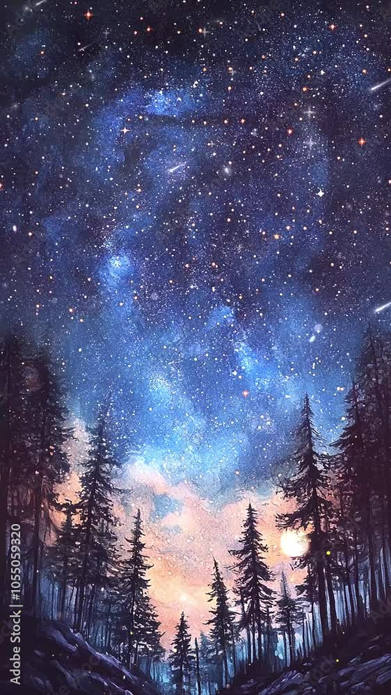 Background. Seamless looping motion design. Video animation. Stunning Starry Night Sky Above Forest. A mesmerizing view of the night sky filled with countless stars. themes of nature, tranquility Background. Seamless looping motion design. Video animation. Stunning Starry Night Sky Above Forest. A mesmerizing view of the night sky filled with countless stars. themes of nature, tranquility