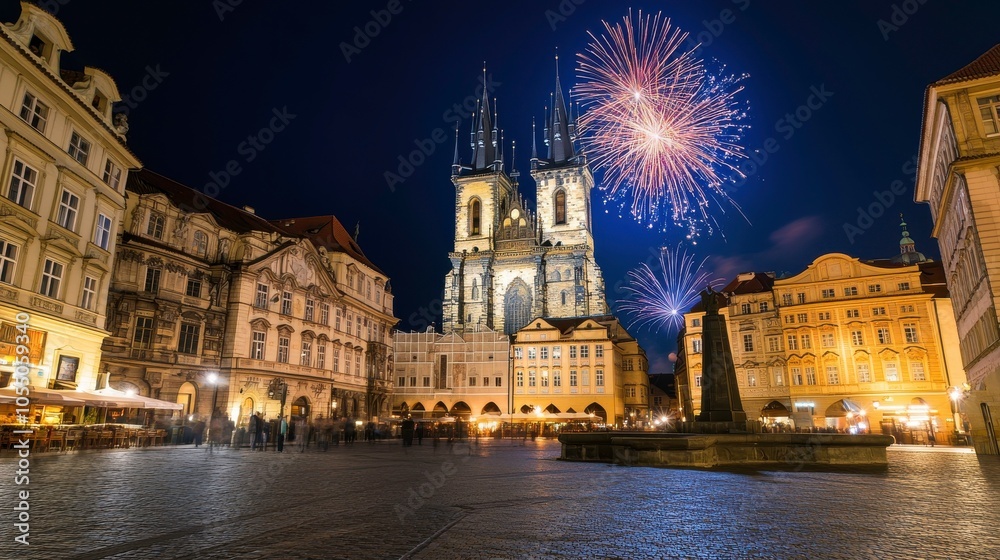 Fototapeta premium Nighttime celebration with fireworks over a city square.