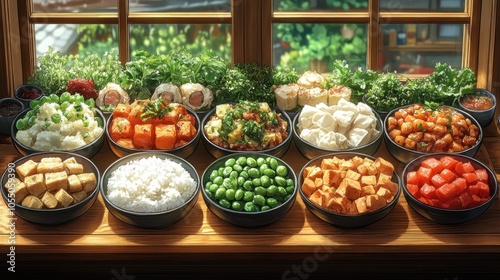 A Spread of Diverse Dishes in Black Bowls on a Wooden Counter