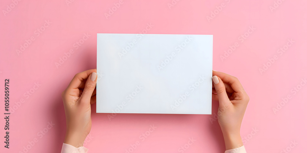 Female hands holding a blank white sheet of paper on a pastel pink background, perfect for advertising, branding, or showcasing your message in creative promotional or editorial projects Female hands holding a blank white sheet of paper on a pastel pink background, perfect for advertising, branding, or showcasing your message in creative promotional or editorial projects