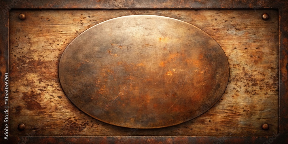 A circular metallic plate with a textured surface sits on a worn and weathered wooden background, accented by a subtle patina of age and use. A circular metallic plate with a textured surface sits on a worn and weathered wooden background, accented by a subtle patina of age and use.