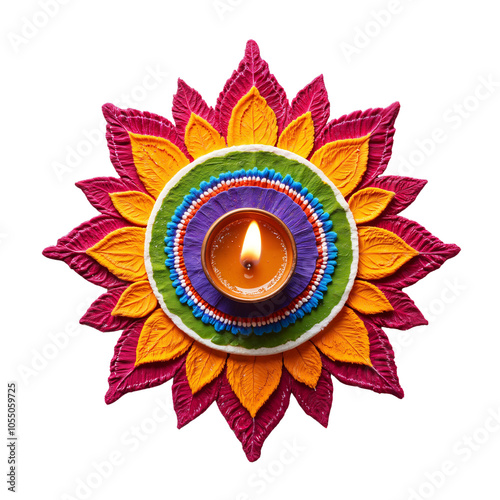 Decorative Colorful Rangoli Design with a Diya at the Center photo