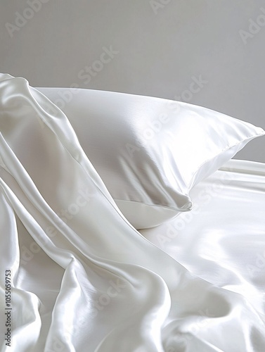 A lustrous silk pillowcase rests on a clean backdrop, highlighting its silky surface and opulent shine for improved sleep comfort. photo