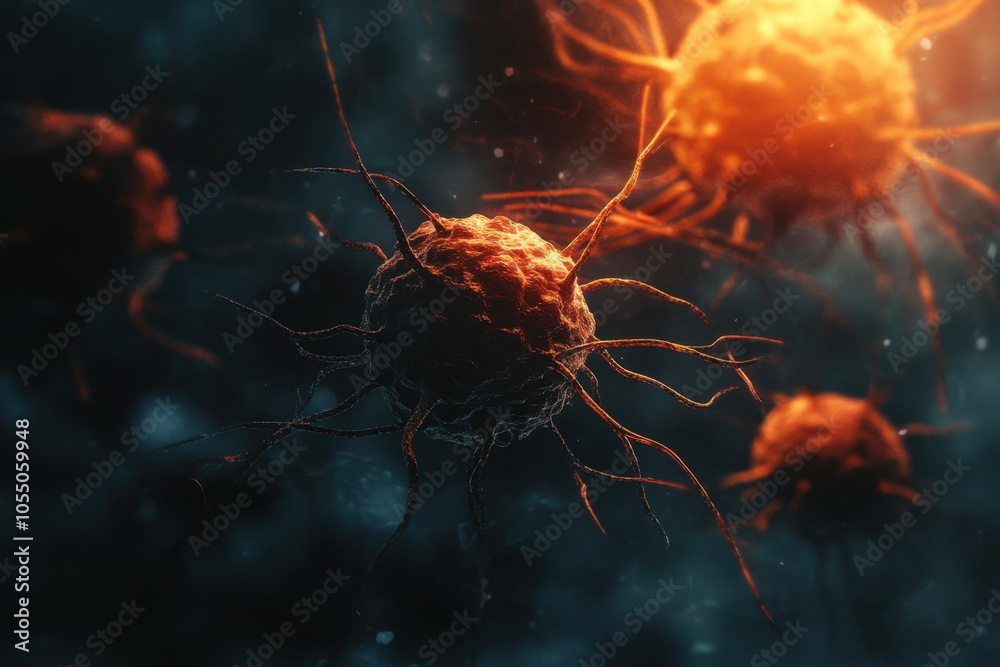 A stylized image of cancer cells multiplying rapidly, showing the aggressive nature of the disease, with a dark background to emphasize the seriousness of uncontrolled cellular growth. A stylized image of cancer cells multiplying rapidly, showing the aggressive nature of the disease, with a dark background to emphasize the seriousness of uncontrolled cellular growth.