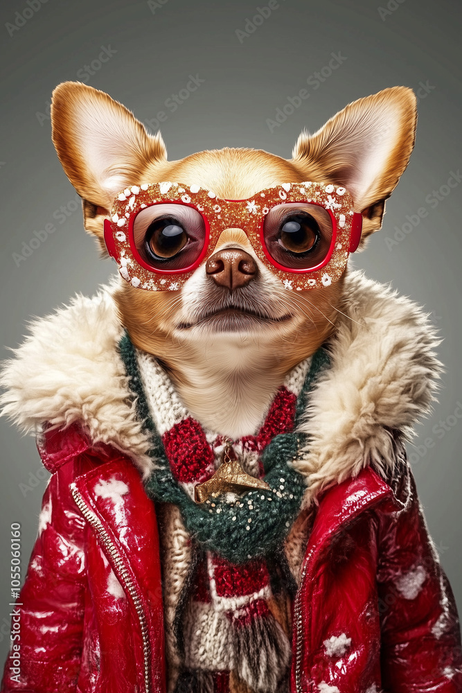 Dog in a red jacket and stylish glasses for a winter look Dog in a red jacket and stylish glasses for a winter look