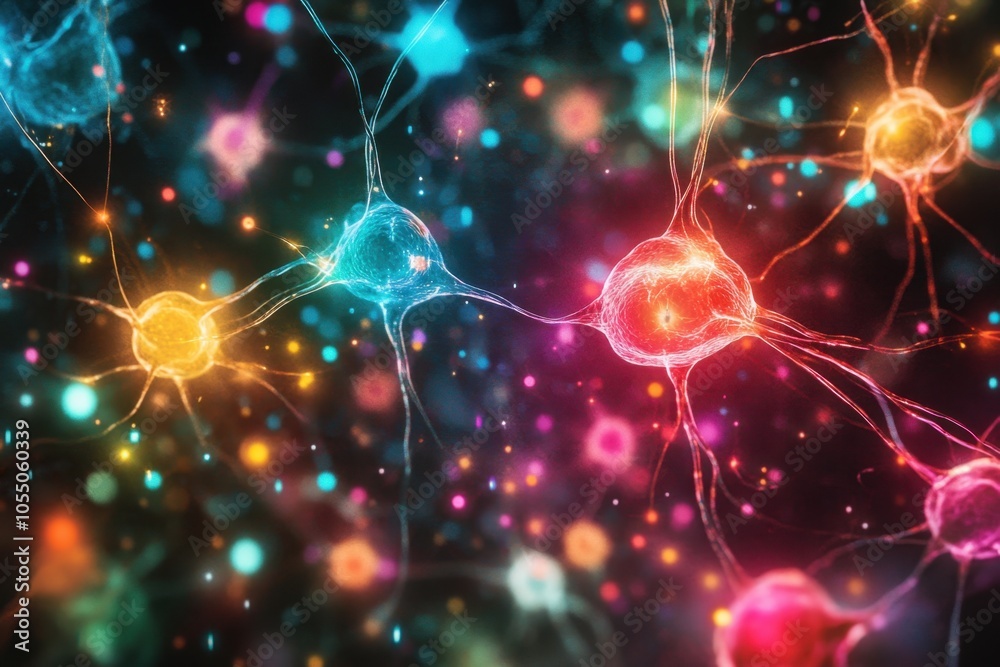 A vibrant artistic representation of cellular networks within the human brain, featuring neurons and synapses, illuminated with glowing colors to depict communication and thought processes. A vibrant artistic representation of cellular networks within the human brain, featuring neurons and synapses, illuminated with glowing colors to depict communication and thought processes.