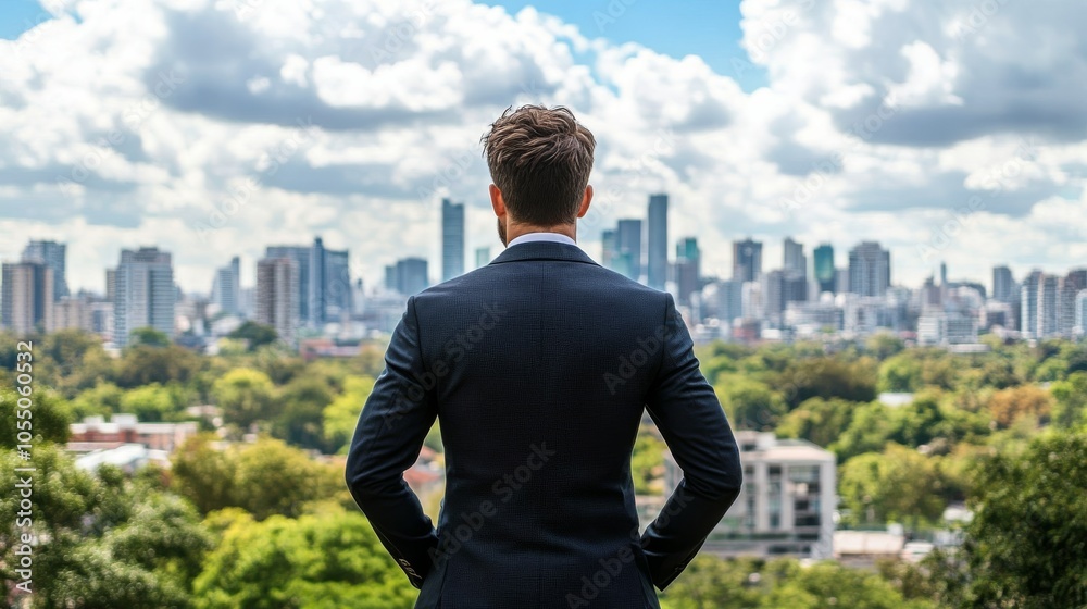A man in a suit looks out over a vibrant city skyline, surrounded by greenery and under a cloudy blue sky, reflecting on opportunities ahead. A man in a suit looks out over a vibrant city skyline, surrounded by greenery and under a cloudy blue sky, reflecting on opportunities ahead.