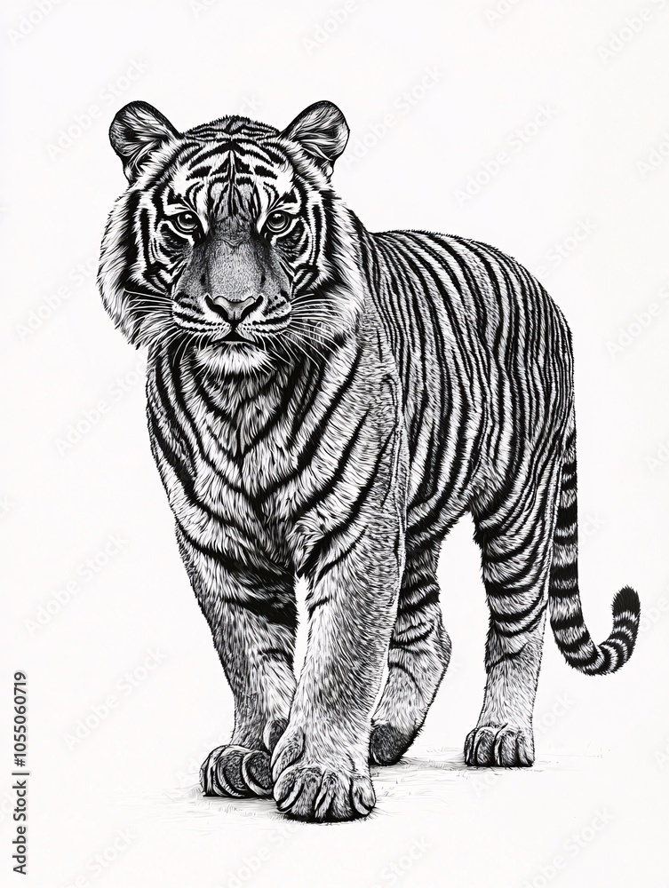Obraz premium A stunning illustration of a regal tiger with intricate stripes and a captivating expression, set against a white background.