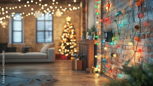 A beautifully decorated loft wall with colorful Christmas lights strung across, ideal for adding festive text or designs.