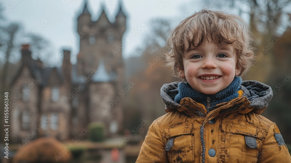 A smiling child in a yellow jacket stands in front of a castle. A smiling child in a yellow jacket stands in front of a castle.