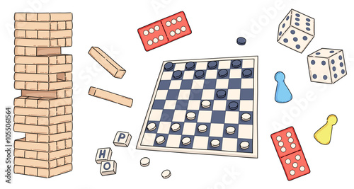 Table game board with dice element illustration. Domino boardgame to play design set. Family party activity with checkerboard, figure, wooden jenga for entertainment at home. Team hobby collection