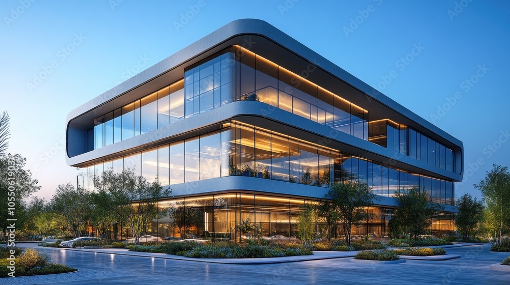 Modern glass building with sleek design and surrounding greenery. Modern glass building with sleek design and surrounding greenery.