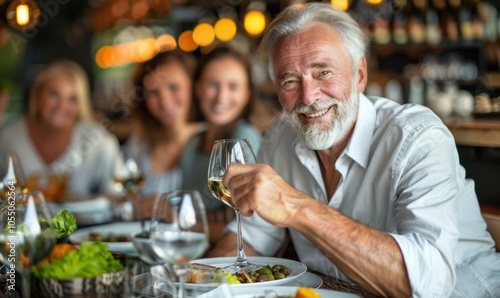 Man smiling while raising a glass of wine during dinner with friends. AI.