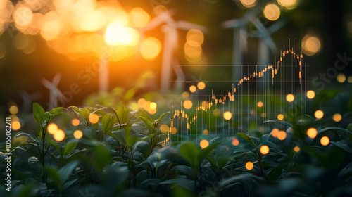 A close-up shot of green plants with a blurred background of wind turbines at sunset and a rising stock chart.