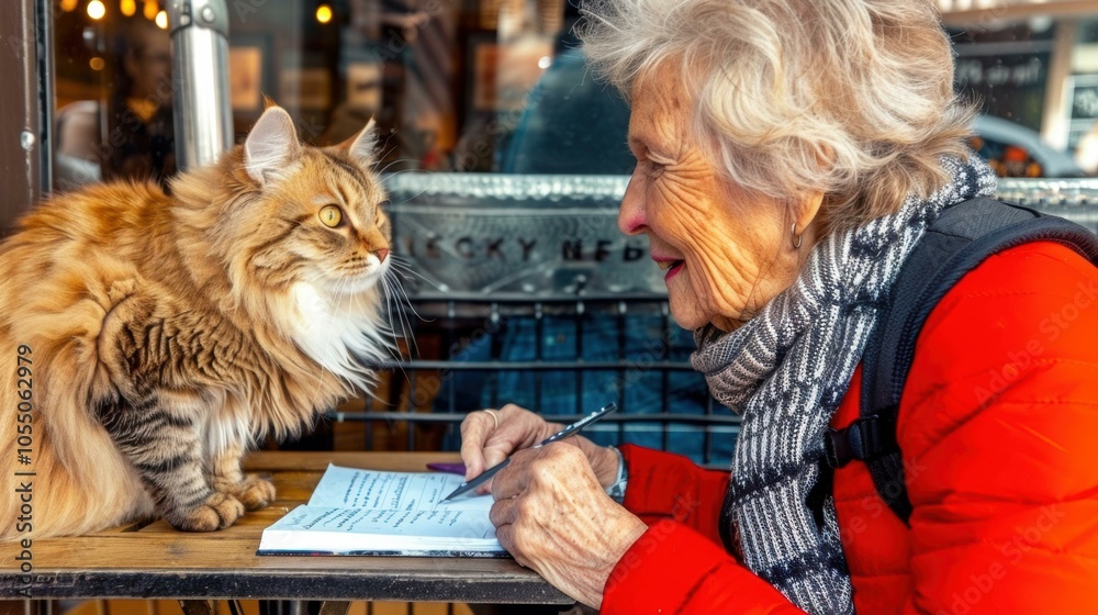A woman writes in a book while a cat sits next to her. AI. A woman writes in a book while a cat sits next to her. AI.