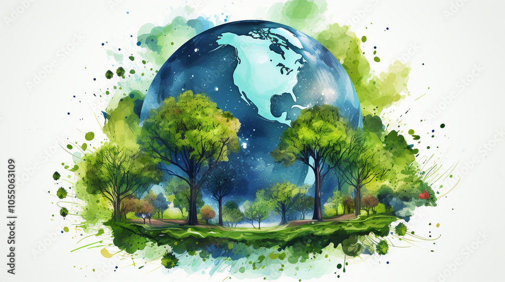 Watercolor Nature tree and people plant a tree. Save planet. Watercolor Nature tree and people plant a tree. Save planet.