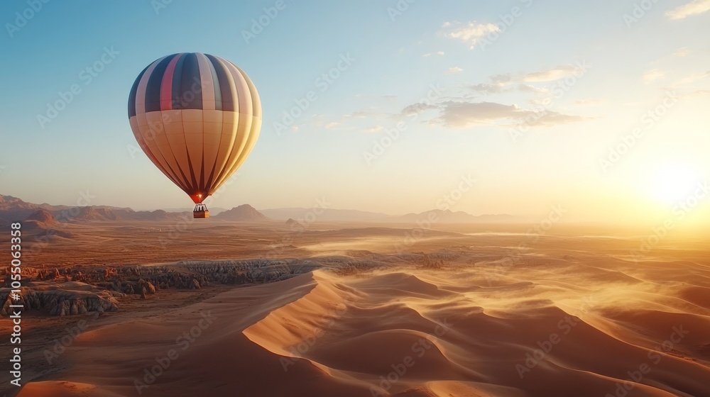 Obraz premium A striking hot air balloon in bold colors flying high over an expansive desert, the sand dunes below constantly shifting with the wind. desert landscape, hot air balloon