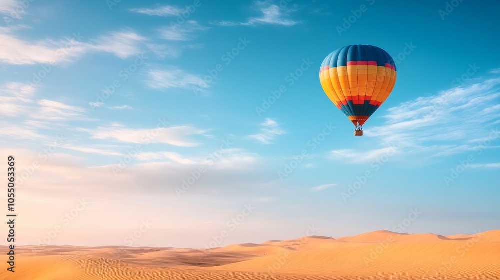 Fototapeta premium A striking hot air balloon in bold colors flying high over an expansive desert, the sand dunes below constantly shifting with the wind. desert landscape, hot air balloon