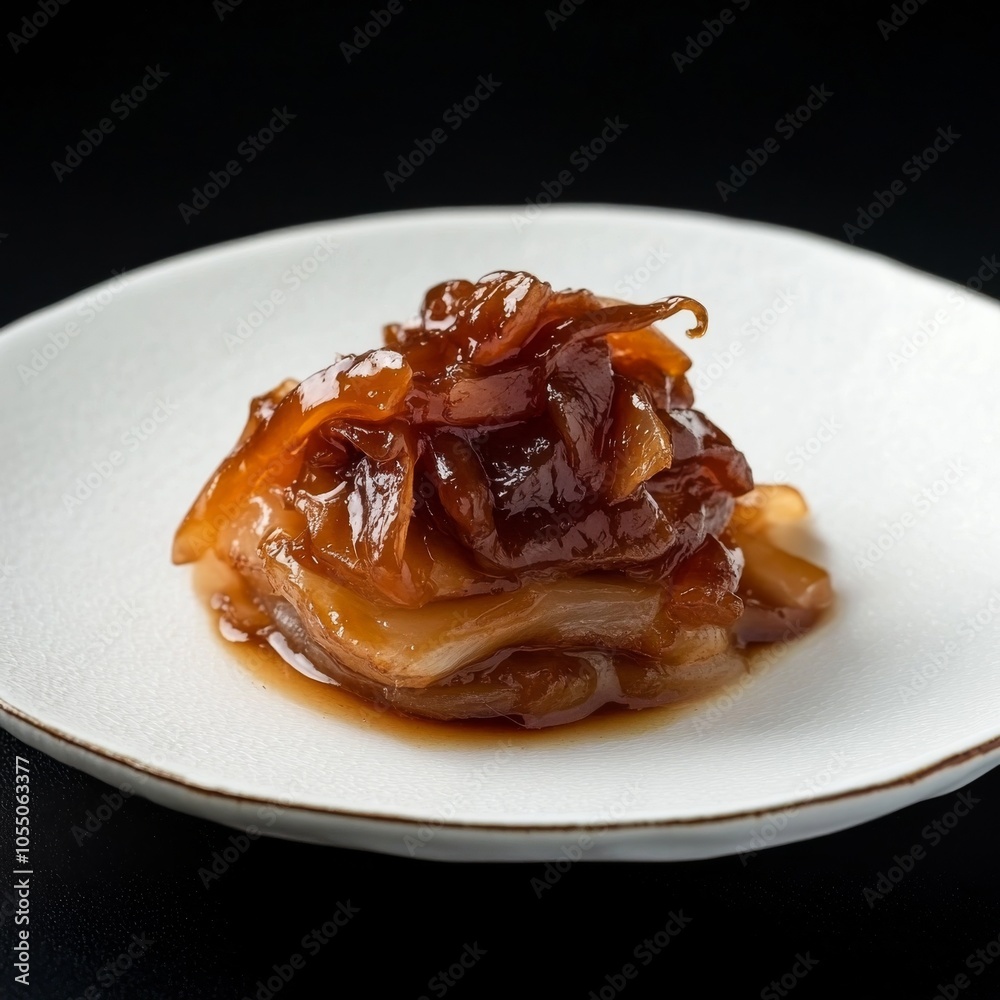 Caramelized onions on a white plate, black background. Caramelized onions on a white plate, black background.