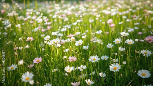 A beautiful day with a meadow full of pink and white spring daisies