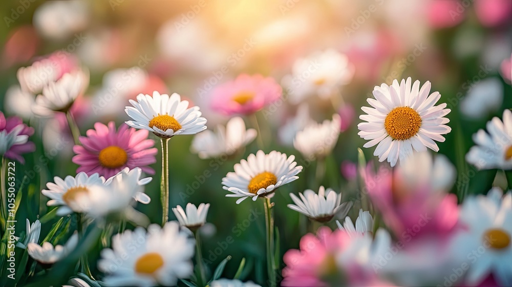 A beautiful day with a meadow full of pink and white spring daisies A beautiful day with a meadow full of pink and white spring daisies