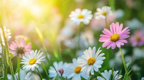 A beautiful day with a meadow full of pink and white spring daisies photo