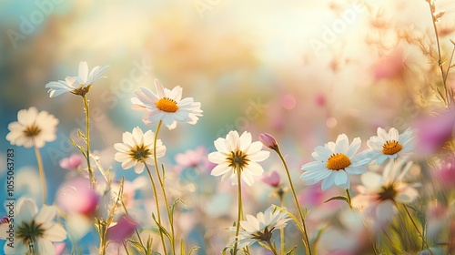 A beautiful day with a meadow full of pink and white spring daisies photo