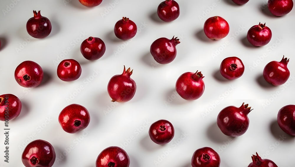 Close-up image of a large bunch of ripe pomegranates, arranged in a random pattern, white background