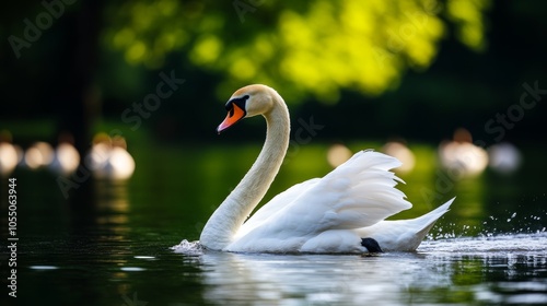 A swan gliding through a duck-filled pond, its graceful movements and white feathers making it stand out in serene elegance. swan swimming, nature elegance