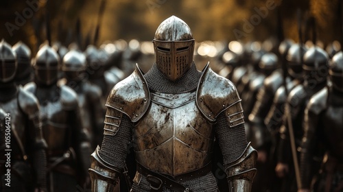 A valiant knight in polished silver armor at the forefront of a marching army, their poised stance inspiring loyalty and confidence in their troops