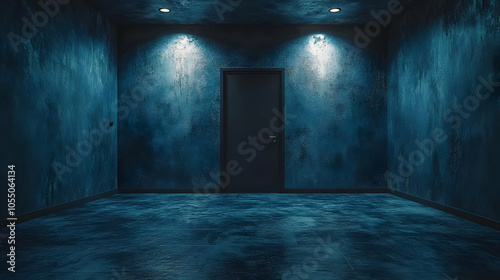 Dark Blue Room with Door and Lights 3D Illustration