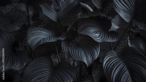 Abstract closeup view of Black leaves. Black leaves wallpaper. AI generated