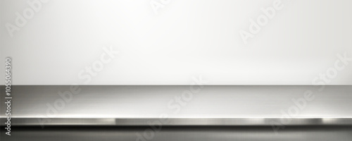 Metal kitchen table. Steel counter top surface. 3d silver empty shelf isolated vector. White wall and shiny realistic stainless countertop mockup border. Luxury food or appliance presentation backdrop