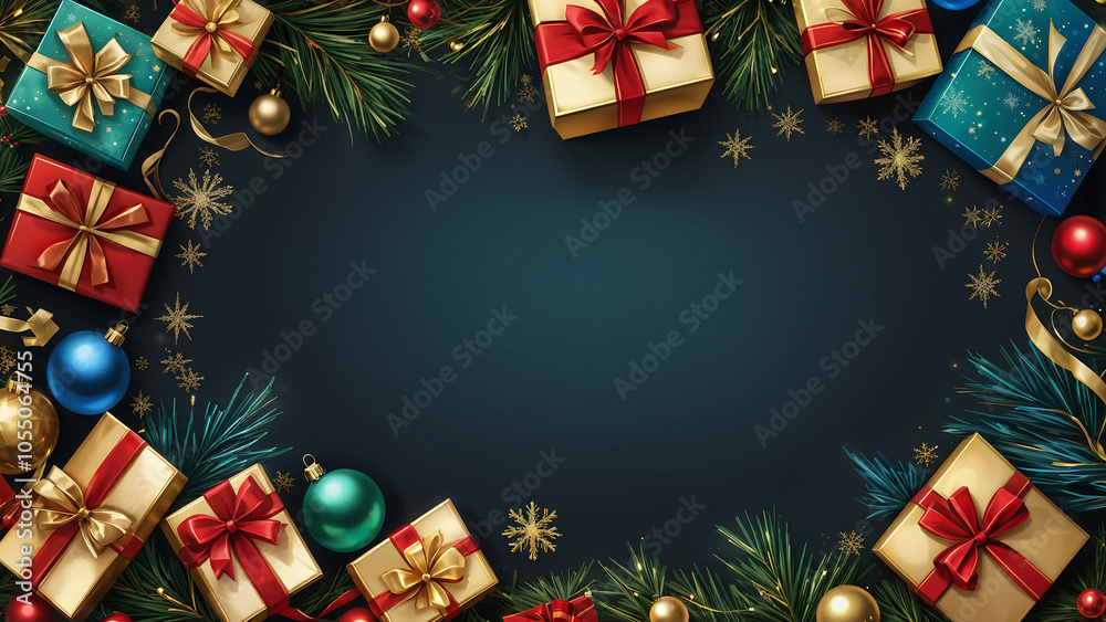 Christmas border with blue, green and red gold ornaments, gift boxes, on a dark background. For holiday design, greeting cards Christmas border with blue, green and red gold ornaments, gift boxes, on a dark background. For holiday design, greeting cards