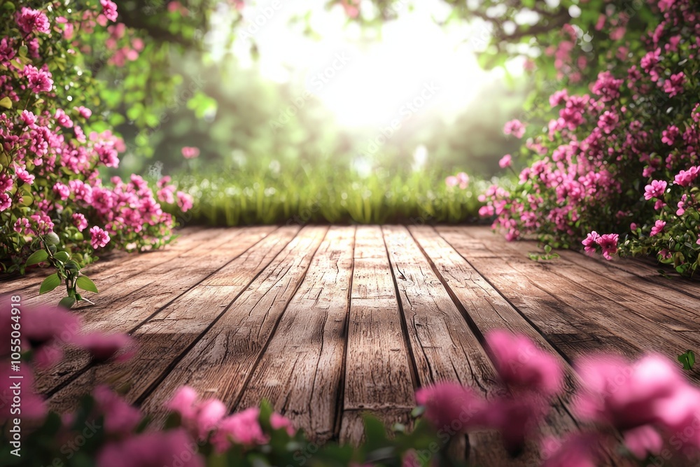The wooden floor is surrounded by pink flowers, creating an outdoor scene with a blurred background. The wooden floor is surrounded by pink flowers, creating an outdoor scene with a blurred background.