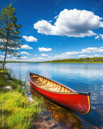 A red canoe sits on the edge of a calm lake, surrounded by lush greenery and a blue sky with white clouds. AI.